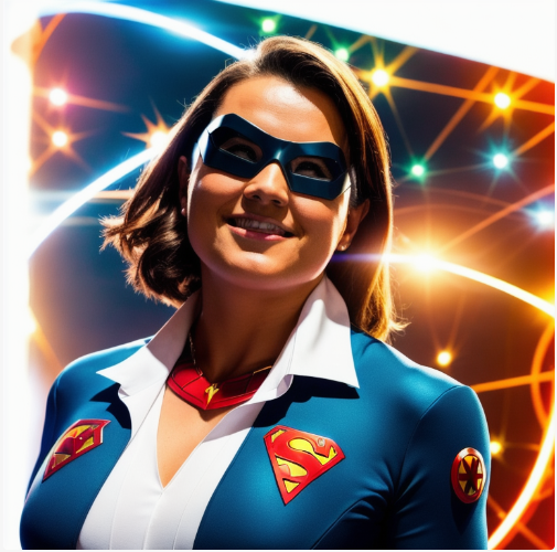 An AI generated image of a Superhero Manager version of the author Cecilia. 